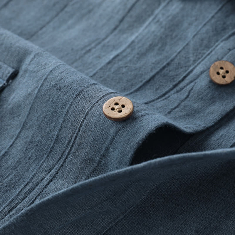 Camicia da uomo in cotone ramiè a maniche corte con bottoni e design a pieghe tinta unita, motivo Buddha Stones - image 3