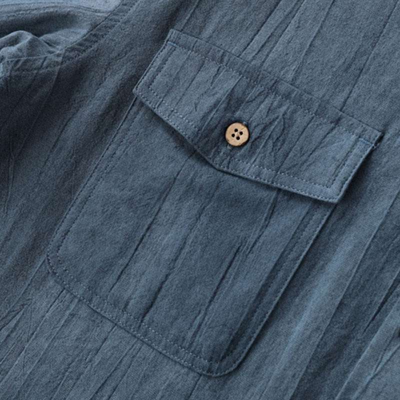 Camicia da uomo in cotone ramiè a maniche corte con bottoni e design a pieghe tinta unita, motivo Buddha Stones - image 4