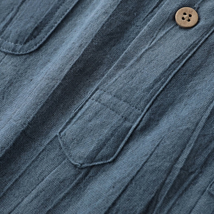 Camicia da uomo in cotone ramiè a maniche corte con bottoni e design a pieghe tinta unita, motivo Buddha Stones - image 2