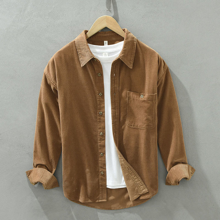 Camicia da uomo in velluto a coste di cotone a maniche lunghe con colletto rialzato, tasche decorative con bottoni e motivo Buddha Stones Fall - SandyBrown - US/UK/AU42, EU52 (3XL) - image 0