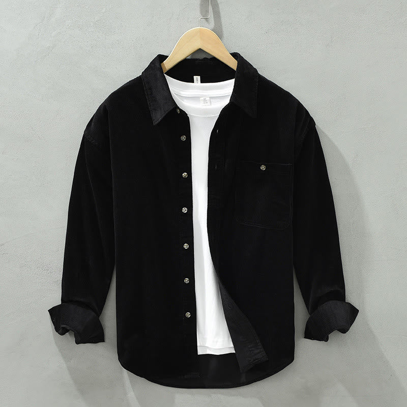 Camicia da uomo in velluto a coste di cotone a maniche lunghe con colletto rialzato, tasche decorative con bottoni e motivo Buddha Stones Fall - Nero - US/UK/AU42, EU52 (3XL) - image 14