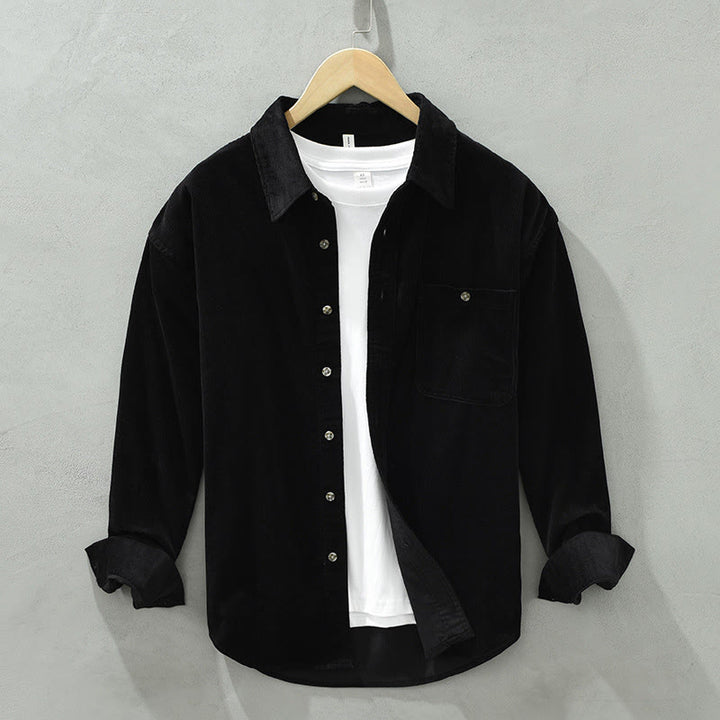 Camicia da uomo in velluto a coste di cotone a maniche lunghe con colletto rialzato, tasche decorative con bottoni e motivo Buddha Stones Fall - Nero - US/UK/AU42, EU52 (3XL) - image 14