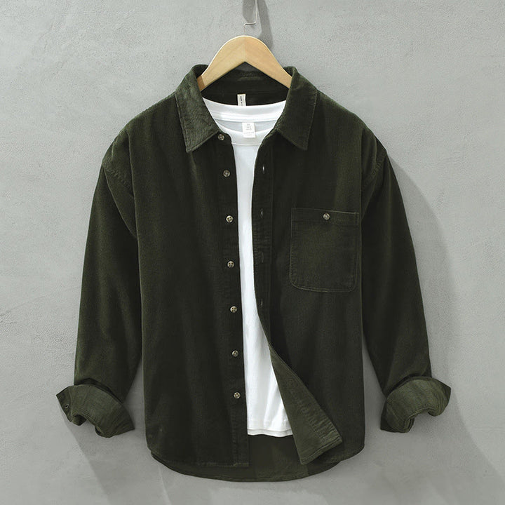 Camicia da uomo in velluto a coste di cotone a maniche lunghe con colletto rialzato, tasche decorative con bottoni e motivo Buddha Stones Fall - Oliva - US/UK/AU42, EU52 (3XL) - image 9