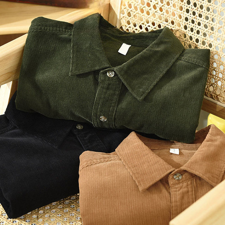 Camicia da uomo in velluto a coste di cotone a maniche lunghe con colletto rialzato, tasche decorative con bottoni e motivo Buddha Stones Fall - image 19