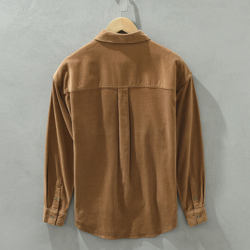 Camicia da uomo in velluto a coste di cotone a maniche lunghe con colletto rialzato, tasche decorative con bottoni e motivo Buddha Stones Fall - image 1