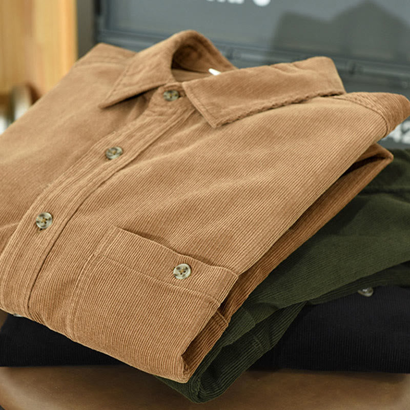 Camicia da uomo in velluto a coste di cotone a maniche lunghe con colletto rialzato, tasche decorative con bottoni e motivo Buddha Stones Fall - image 8