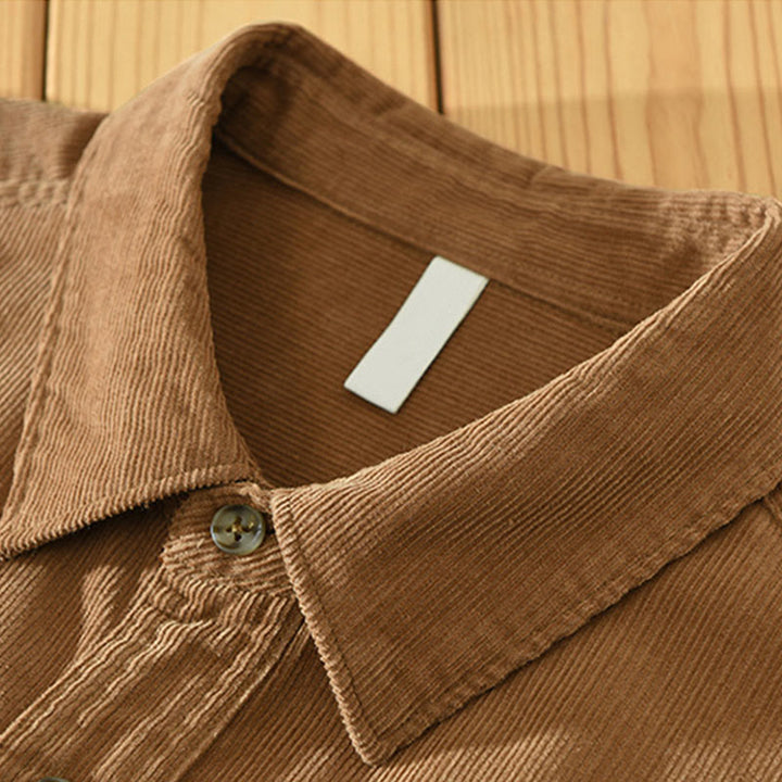 Camicia da uomo in velluto a coste di cotone a maniche lunghe con colletto rialzato, tasche decorative con bottoni e motivo Buddha Stones Fall - image 3