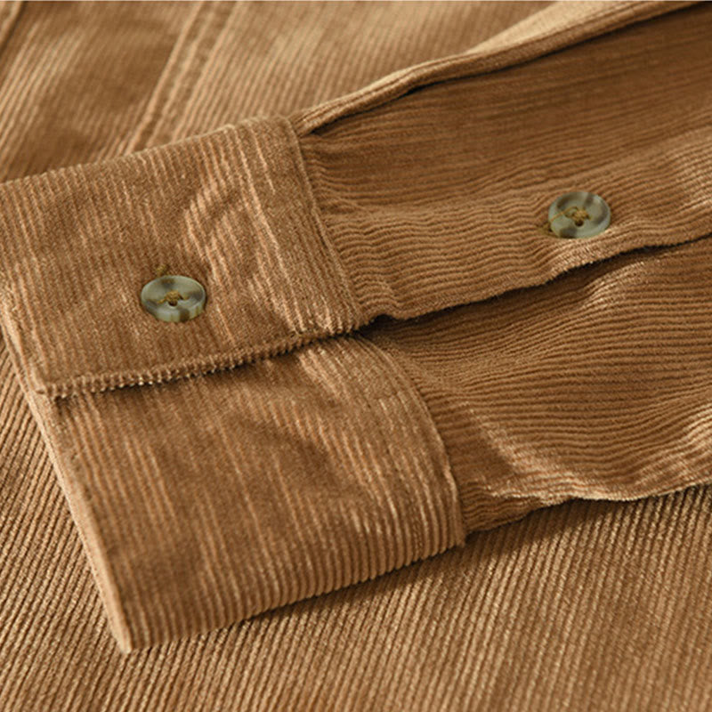 Camicia da uomo in velluto a coste di cotone a maniche lunghe con colletto rialzato, tasche decorative con bottoni e motivo Buddha Stones Fall - image 6