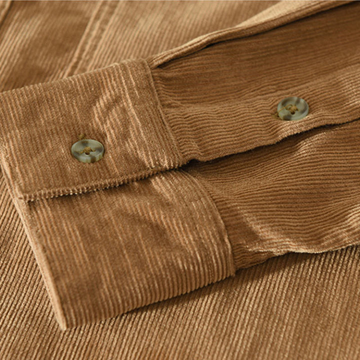 Camicia da uomo in velluto a coste di cotone a maniche lunghe con colletto rialzato, tasche decorative con bottoni e motivo Buddha Stones Fall - image 6