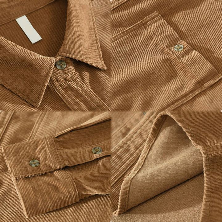 Camicia da uomo in velluto a coste di cotone a maniche lunghe con colletto rialzato, tasche decorative con bottoni e motivo Buddha Stones Fall - image 2