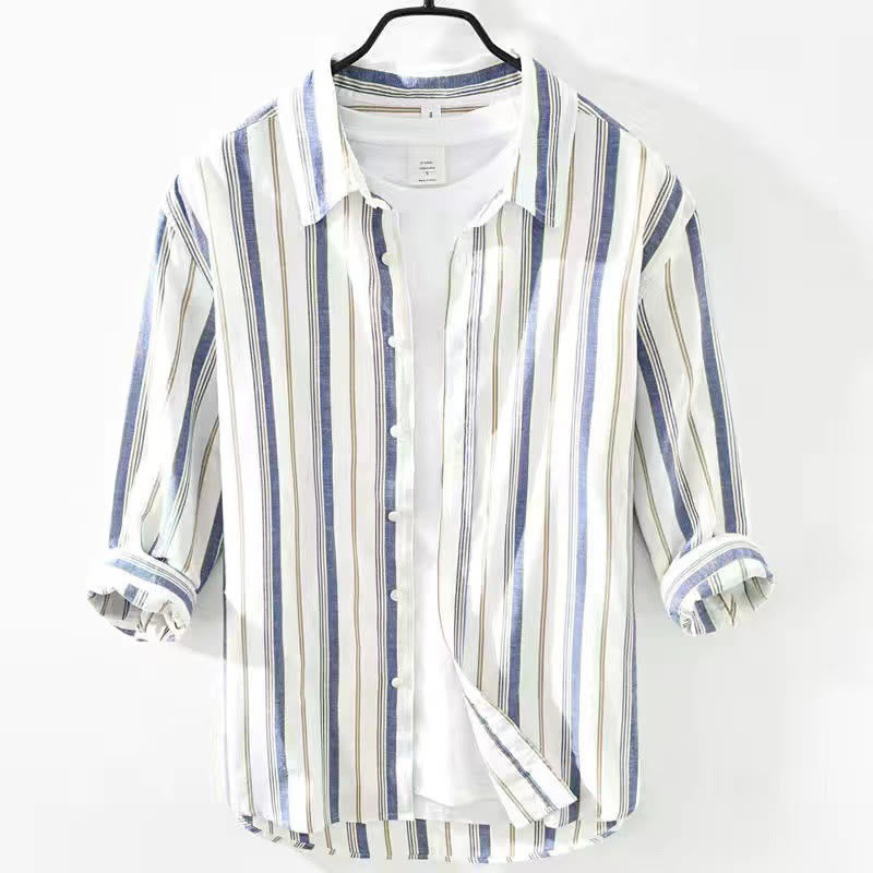 Camicia da uomo in cotone con maniche lunghe, maniche a tre quarti, maniche corte, a righe autunnali, con tasche decorative e bottoni, motivo Buddha Stones - Manica a tre quarti blu - US/UK/AU42, EU52 (3XL) - image 21