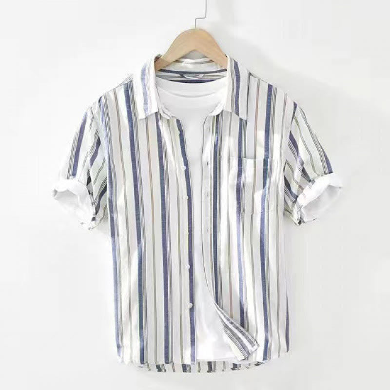 Camicia da uomo in cotone con maniche lunghe, maniche a tre quarti, maniche corte, a righe autunnali, con tasche decorative e bottoni, motivo Buddha Stones - Maniche corte blu - US/UK/AU42, EU52 (3XL) - image 19