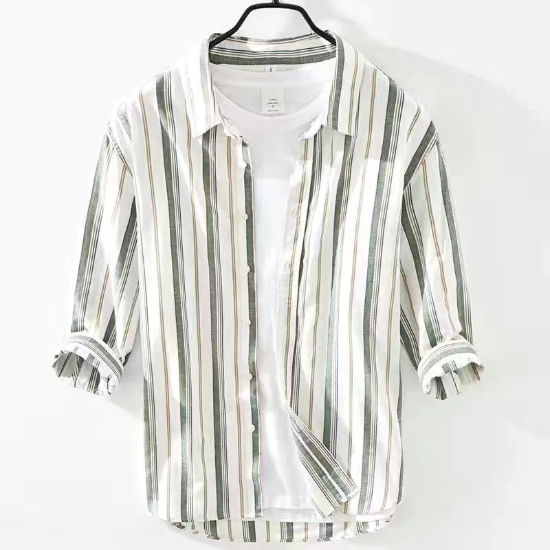 Camicia da uomo in cotone con maniche lunghe, maniche a tre quarti, maniche corte, a righe autunnali, con tasche decorative e bottoni, motivo Buddha Stones - Manica a tre quarti verde - US/UK/AU42, EU52 (3XL) - image 22