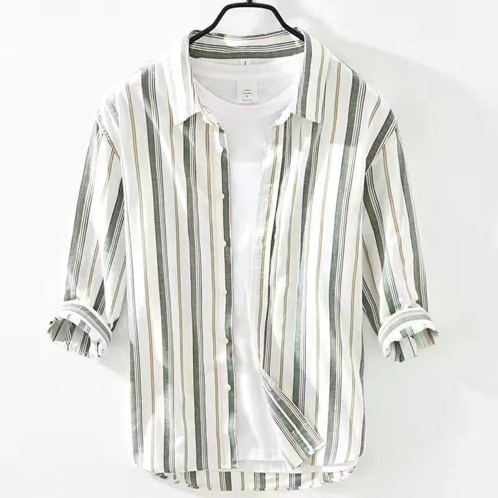 Camicia da uomo in cotone con maniche lunghe, maniche a tre quarti, maniche corte, a righe autunnali, con tasche decorative e bottoni, motivo Buddha Stones - Manica a tre quarti verde - US/UK/AU42, EU52 (3XL) - image 22