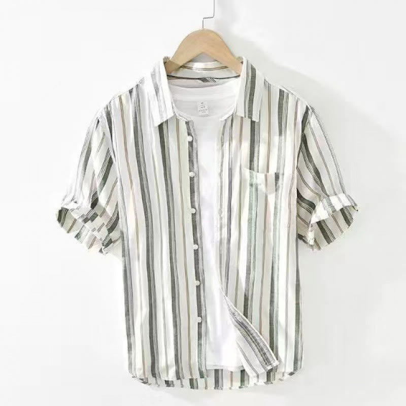 Camicia da uomo in cotone con maniche lunghe, maniche a tre quarti, maniche corte, a righe autunnali, con tasche decorative e bottoni, motivo Buddha Stones - Verde a maniche corte - US/UK/AU42, EU52 (3XL) - image 20