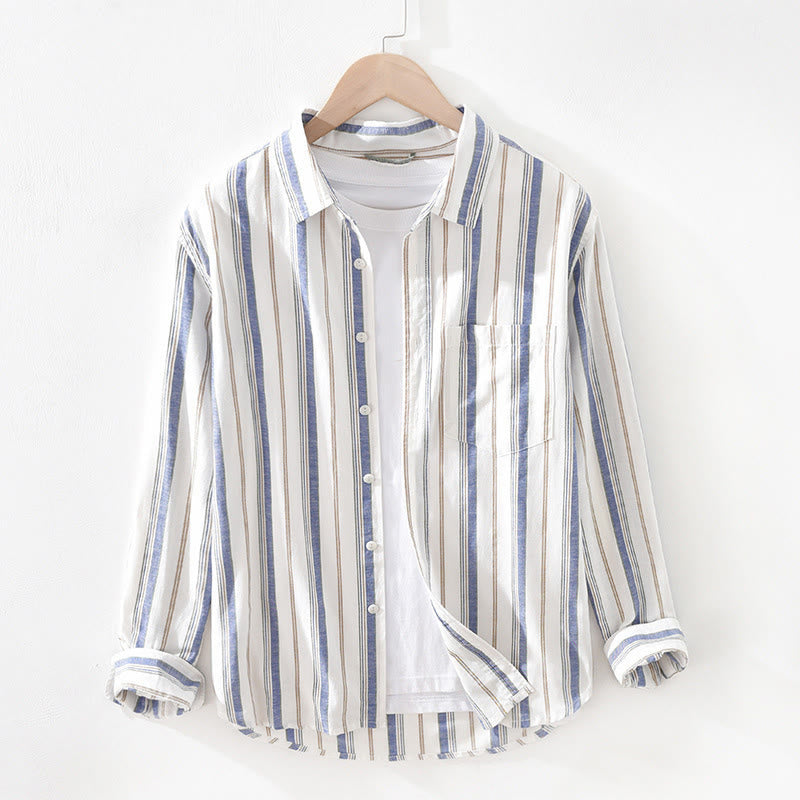 Camicia da uomo in cotone con maniche lunghe, maniche a tre quarti, maniche corte, a righe autunnali, con tasche decorative e bottoni, motivo Buddha Stones - Blu a maniche lunghe - US/UK/AU42, EU52 (3XL) - image 0