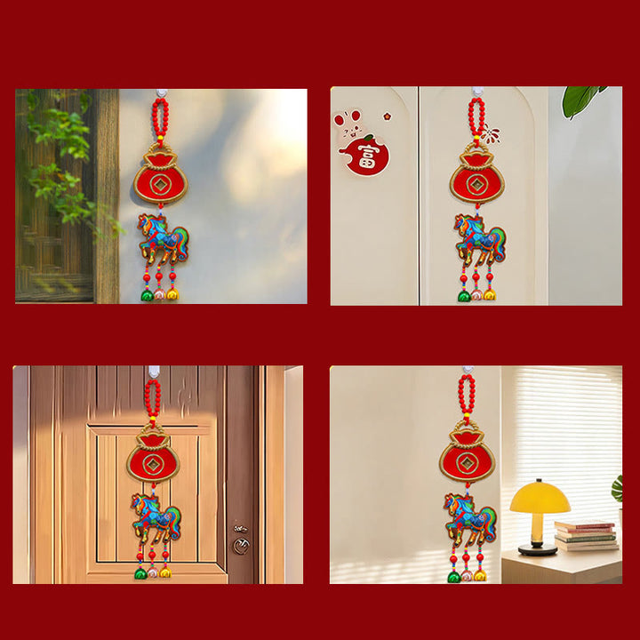 Buddha Stones Ricamo Anno del Cavallo Borsa per Soldi Zucca Monete di Rame Campana Ciondolo Successo Decorazione da Appendere - image 21