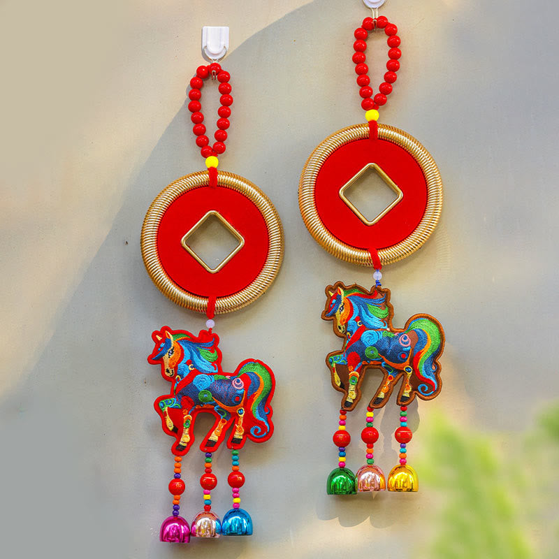 Buddha Stones Ricamo Anno del Cavallo Borsa per Soldi Zucca Monete di Rame Campana Ciondolo Successo Decorazione da Appendere - image 16