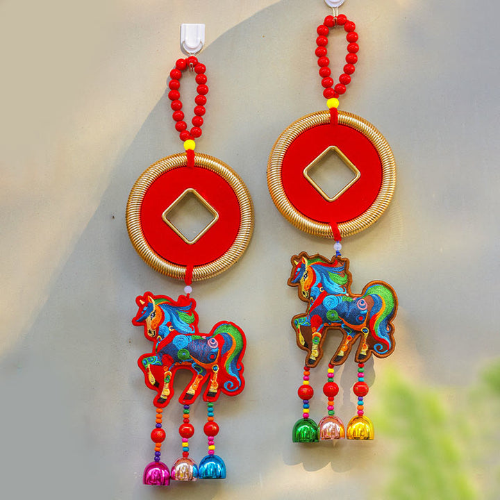 Buddha Stones Ricamo Anno del Cavallo Borsa per Soldi Zucca Monete di Rame Campana Ciondolo Successo Decorazione da Appendere - image 16