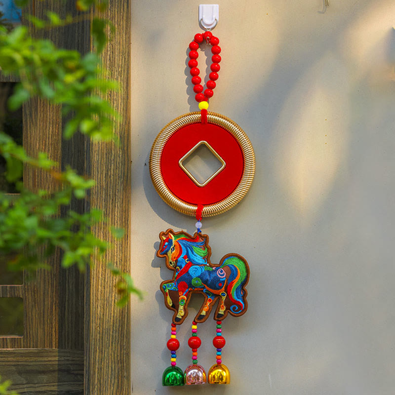 Buddha Stones Ricamo Anno del Cavallo Borsa per Soldi Zucca Monete di Rame Campana Ciondolo Successo Decorazione da Appendere - Monete di rame e cavallo marrone (12*42 cm) - image 7
