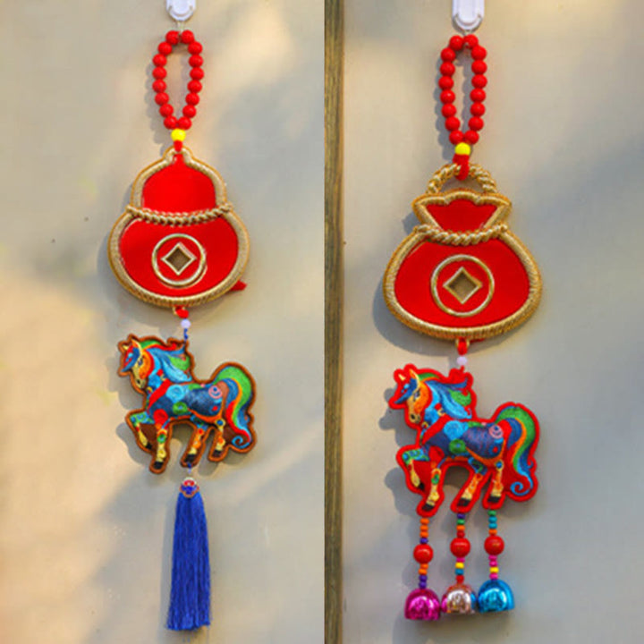 Buddha Stones Ricamo Anno del Cavallo Borsa per Soldi Zucca Monete di Rame Campana Ciondolo Successo Decorazione da Appendere - image 15