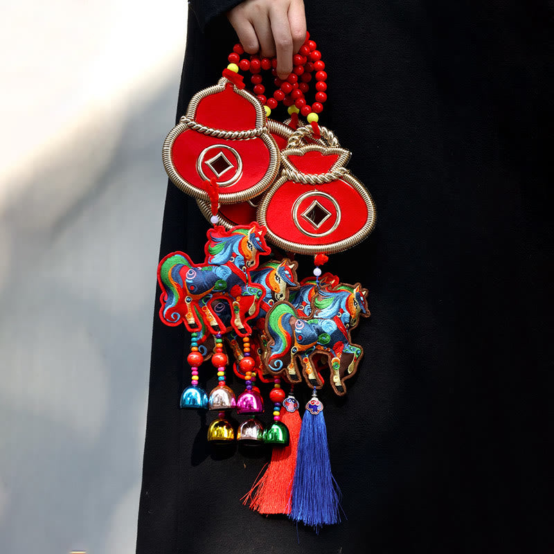 Buddha Stones Ricamo Anno del Cavallo Borsa per Soldi Zucca Monete di Rame Campana Ciondolo Successo Decorazione da Appendere - image 18