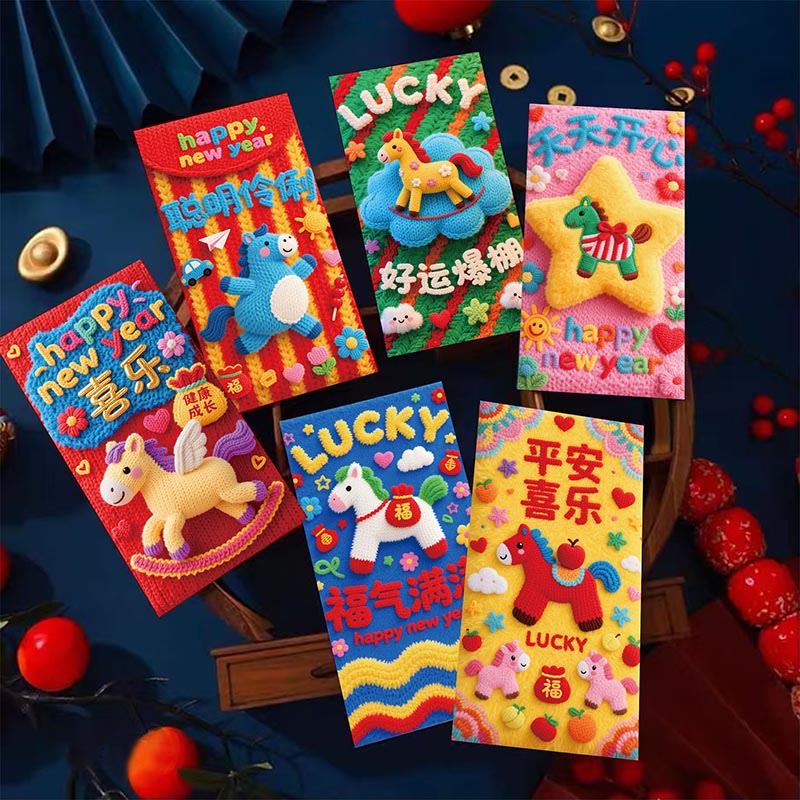 Buddha Stones Anno del Cavallo 2026 Capodanno Fortunato 6 pezzi Busta Rossa Cinese - 6 buste rosse a forma di cavallo (16,6*8,8 cm) - image 0