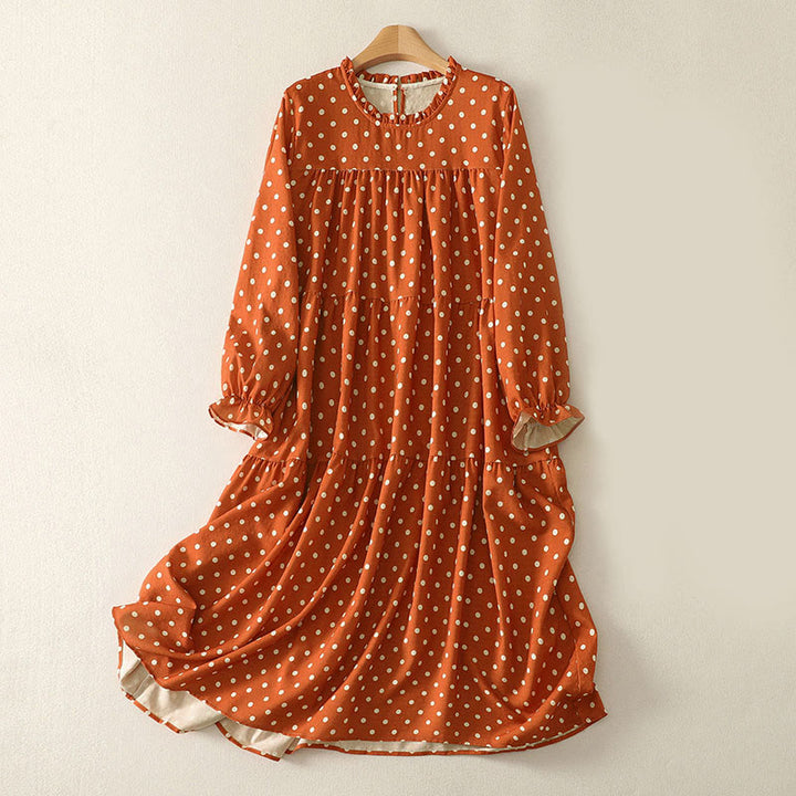 Abito midi da donna in cotone con scollo rotondo e maniche lunghe, motivo a pois autunnali Buddha Stones - Corallo - US14, UK/AU18, EU46 (2XL) - image 0