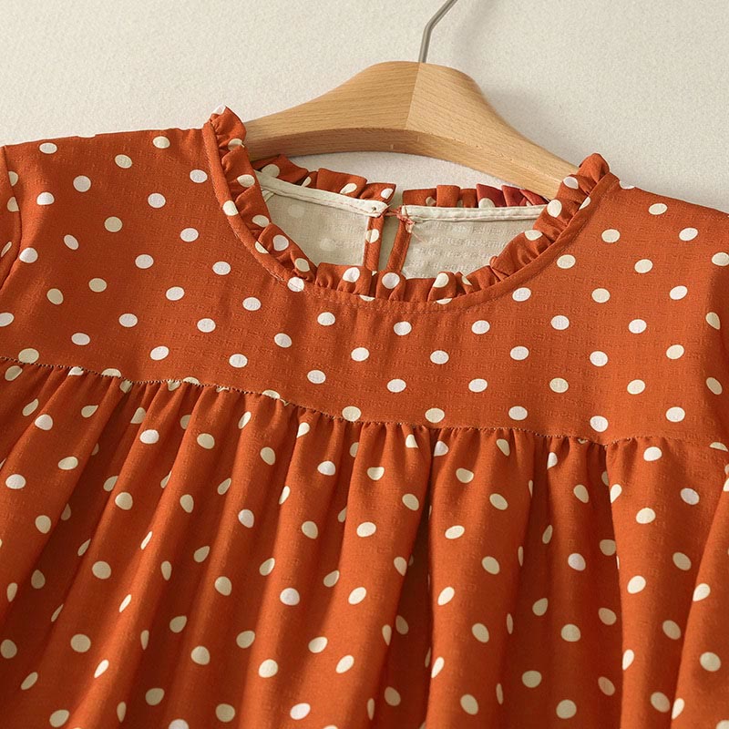 Abito midi da donna in cotone con scollo rotondo e maniche lunghe, motivo a pois autunnali Buddha Stones - image 2