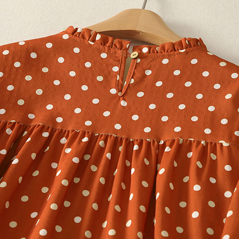 Abito midi da donna in cotone con scollo rotondo e maniche lunghe, motivo a pois autunnali Buddha Stones - image 3