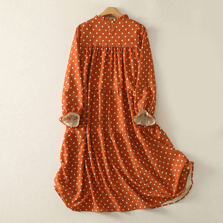 Abito midi da donna in cotone con scollo rotondo e maniche lunghe, motivo a pois autunnali Buddha Stones - image 1