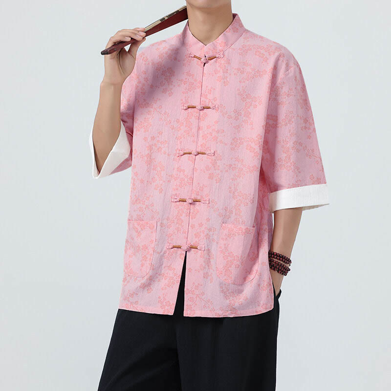 Camicia da uomo a maniche corte in cotone e lino con bottoni cinesi e motivo a fiori di pesco estivo Buddha Stones - Rosa - US/UK/AU46, EU56 (5XL) - image 12