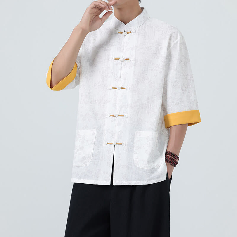 Camicia da uomo a maniche corte in cotone e lino con bottoni cinesi e motivo a fiori di pesco estivo Buddha Stones - Bianco - US/UK/AU46, EU56 (5XL) - image 15