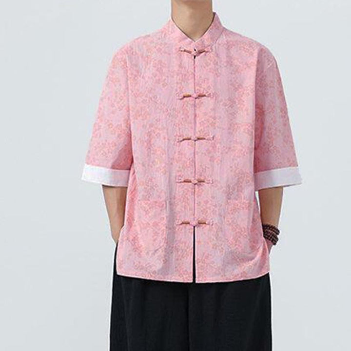 Camicia da uomo a maniche corte in cotone e lino con bottoni cinesi e motivo a fiori di pesco estivo Buddha Stones - image 13