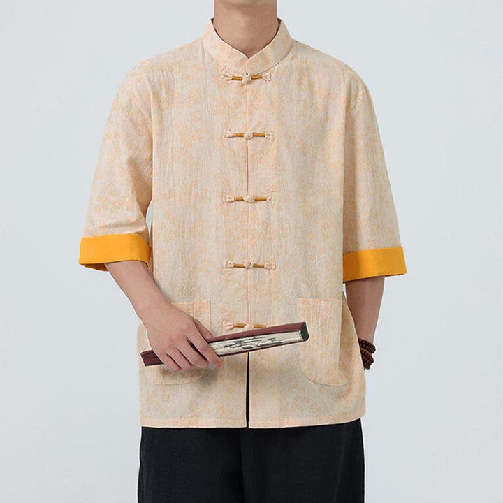 Camicia da uomo a maniche corte in cotone e lino con bottoni cinesi e motivo a fiori di pesco estivo Buddha Stones - image 10