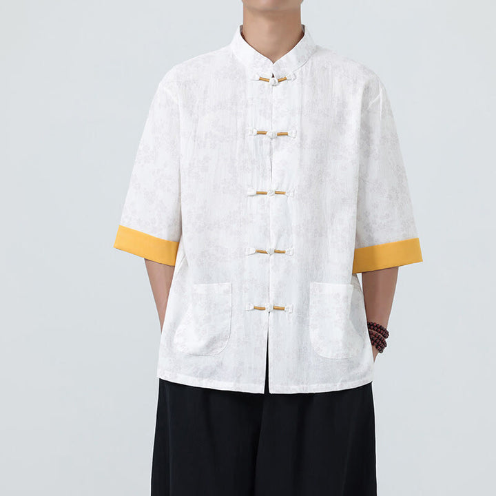 Camicia da uomo a maniche corte in cotone e lino con bottoni cinesi e motivo a fiori di pesco estivo Buddha Stones - image 16