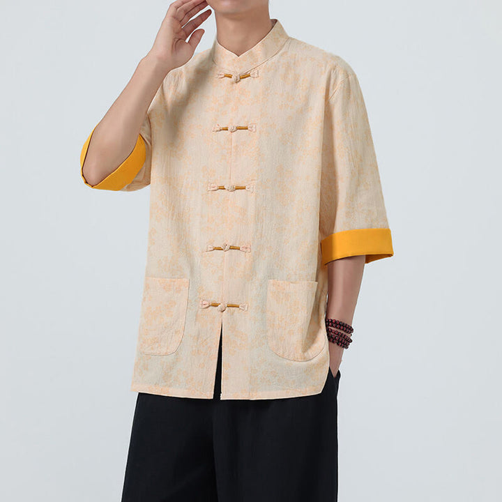 Camicia da uomo a maniche corte in cotone e lino con bottoni cinesi e motivo a fiori di pesco estivo Buddha Stones - image 11