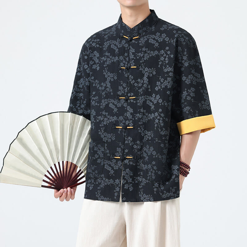 Camicia da uomo a maniche corte in cotone e lino con bottoni cinesi e motivo a fiori di pesco estivo Buddha Stones - image 1