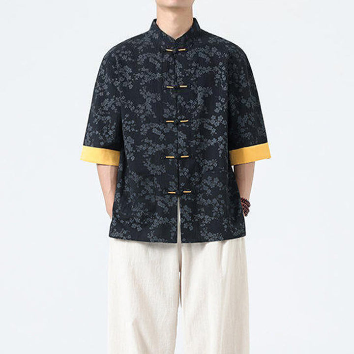 Camicia da uomo a maniche corte in cotone e lino con bottoni cinesi e motivo a fiori di pesco estivo Buddha Stones - image 4