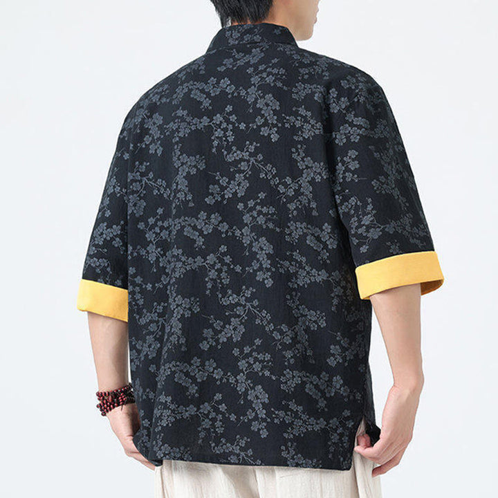 Camicia da uomo a maniche corte in cotone e lino con bottoni cinesi e motivo a fiori di pesco estivo Buddha Stones - image 3