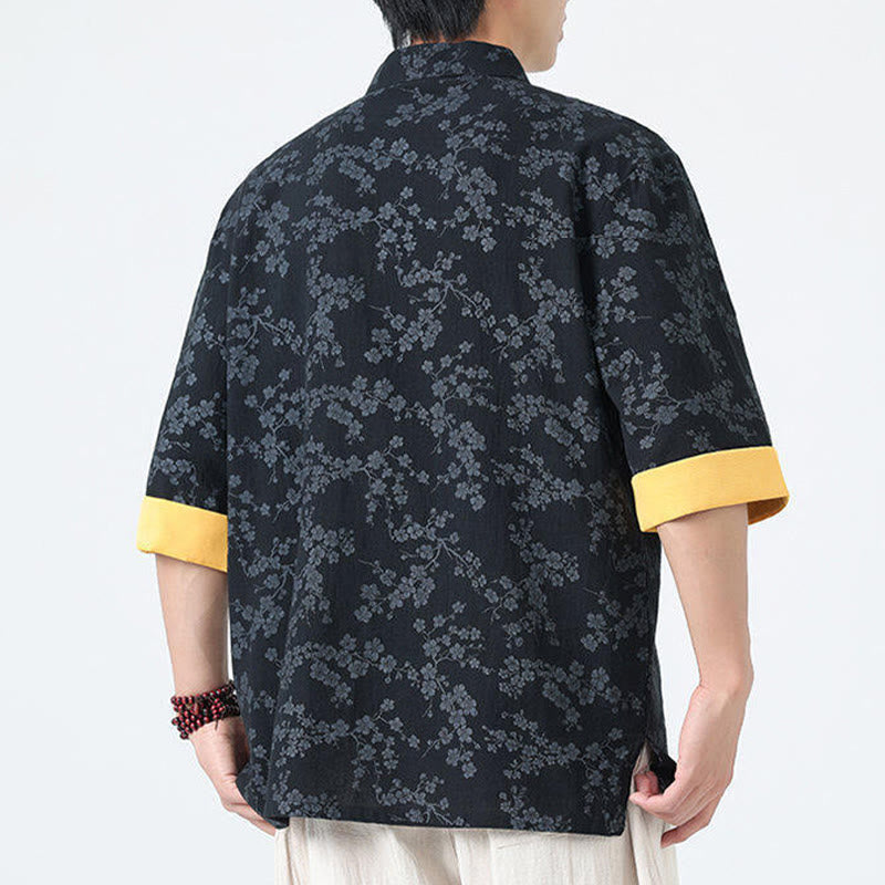 Camicia da uomo a maniche corte in cotone e lino con bottoni cinesi e motivo a fiori di pesco estivo Buddha Stones - image 3