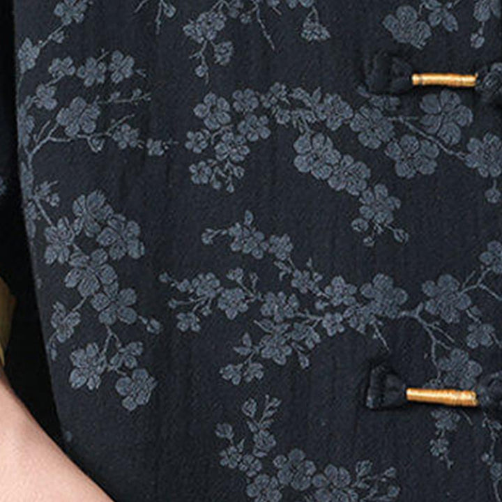 Camicia da uomo a maniche corte in cotone e lino con bottoni cinesi e motivo a fiori di pesco estivo Buddha Stones - image 6