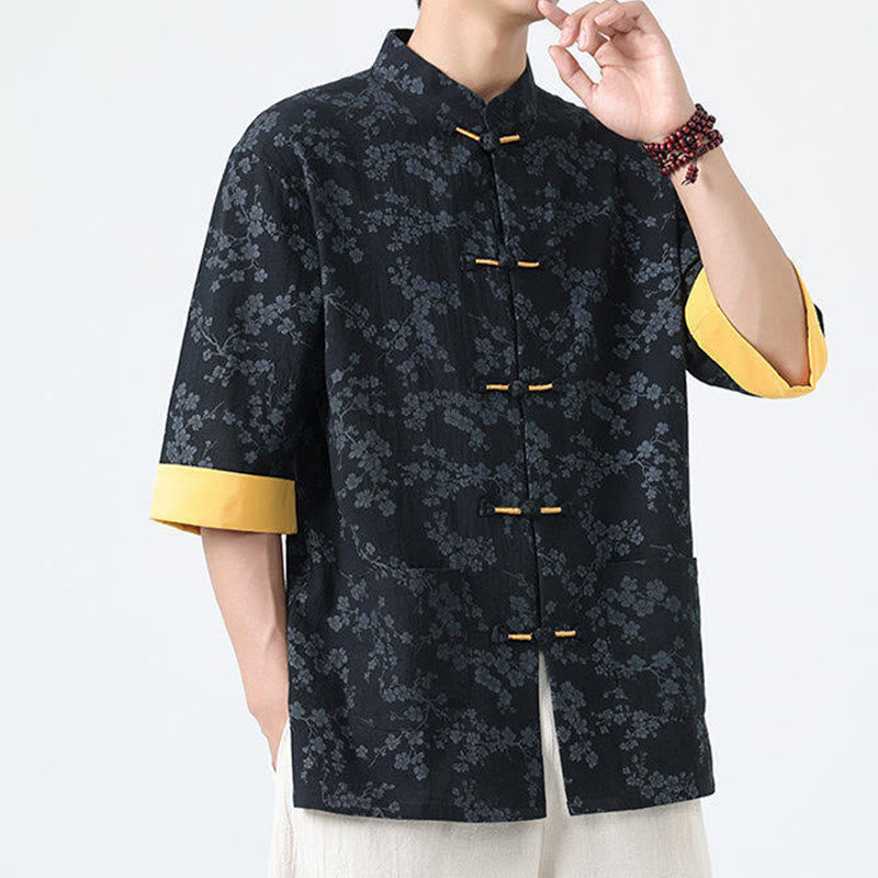 Camicia da uomo a maniche corte in cotone e lino con bottoni cinesi e motivo a fiori di pesco estivo Buddha Stones - image 2