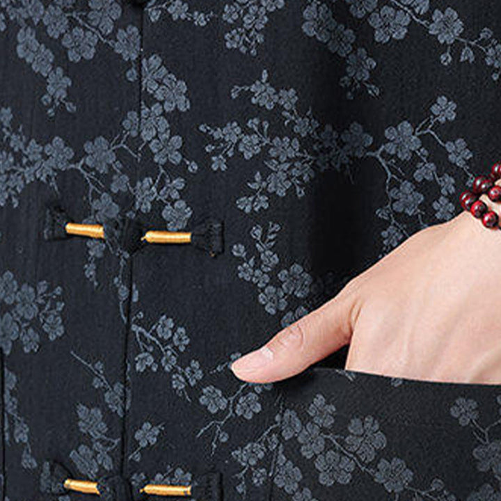 Camicia da uomo a maniche corte in cotone e lino con bottoni cinesi e motivo a fiori di pesco estivo Buddha Stones - image 7