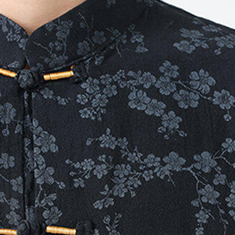 Camicia da uomo a maniche corte in cotone e lino con bottoni cinesi e motivo a fiori di pesco estivo Buddha Stones - image 5