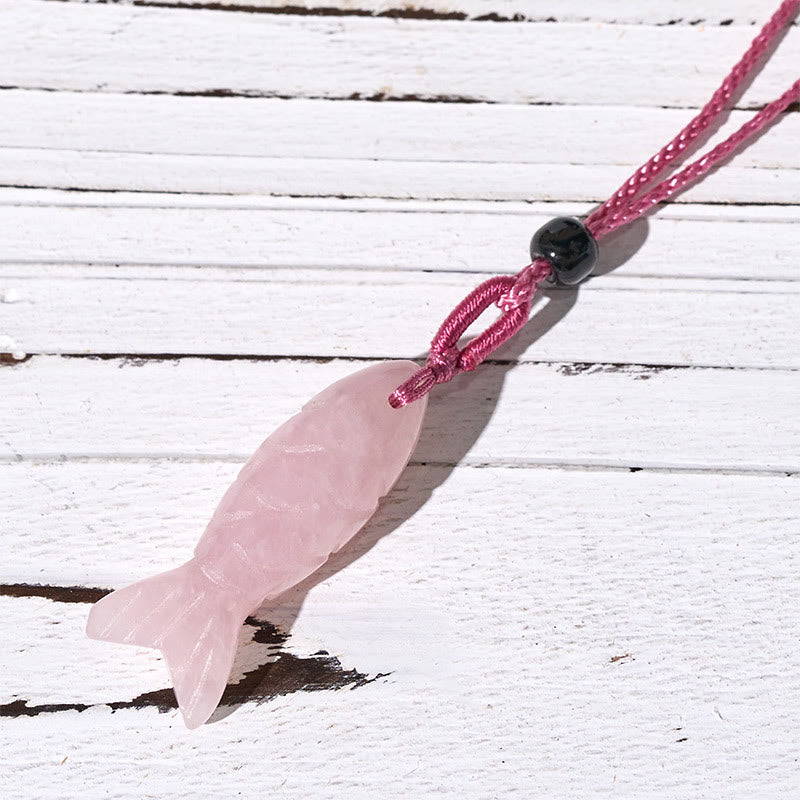 Collana con Buddha Stones, intagliata con pesce koi, cristallo rosa, agata indiana, ametista, calore e prosperità - Cristallo rosa (Dimensioni del ciondolo: 15*40 mm) - image 1