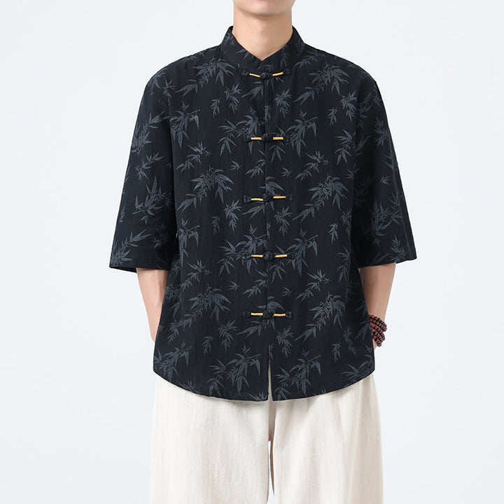 Camicia da uomo a maniche corte in cotone e lino con bottoni cinesi, motivo a foglie di bambù Buddha Stones - Nero - US/UK/AU46, EU56 (5XL) - image 0