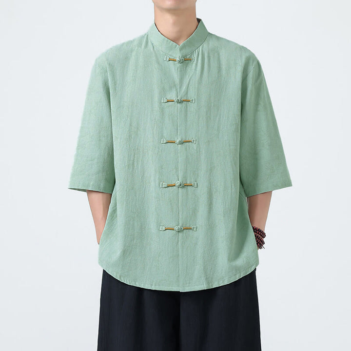 Camicia da uomo a maniche corte in cotone e lino con bottoni cinesi, motivo a foglie di bambù Buddha Stones - Acquamarina - US/UK/AU46, EU56 (5XL) - image 11