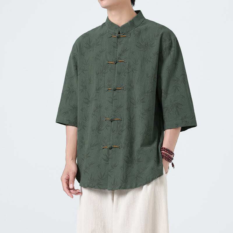 Camicia da uomo a maniche corte in cotone e lino con bottoni cinesi, motivo a foglie di bambù Buddha Stones - SeaGreen - US/UK/AU46, EU56 (5XL) - image 7
