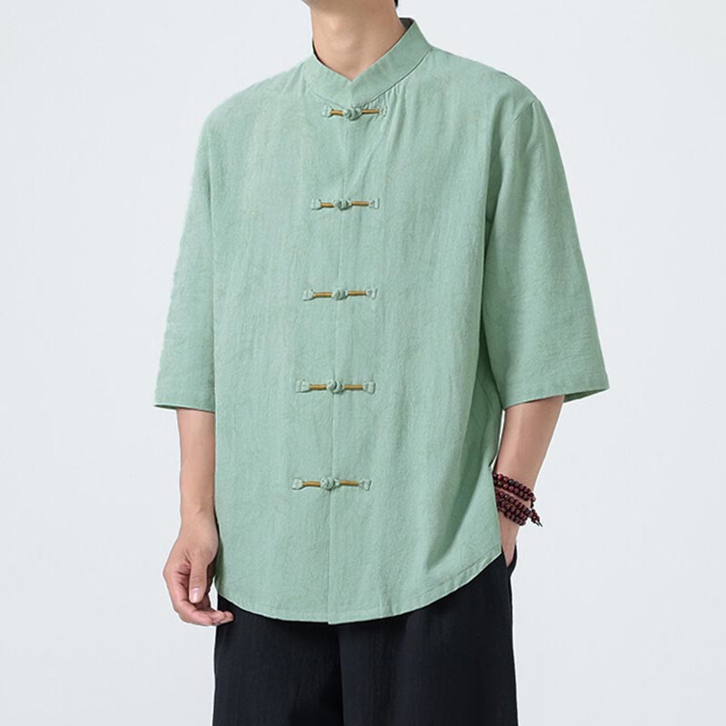 Camicia da uomo a maniche corte in cotone e lino con bottoni cinesi, motivo a foglie di bambù Buddha Stones - image 14